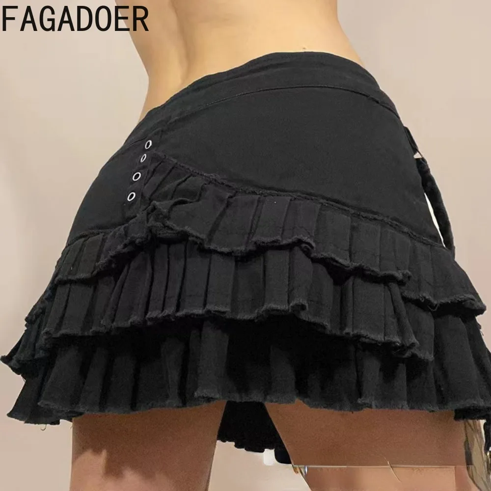 FAGADOER Black Fashion Trend Y2K Gothic Punk Pleated Mini Skirts Women Low-waisted Ruched Slim Skirt Sexy Female Bandage Bottoms