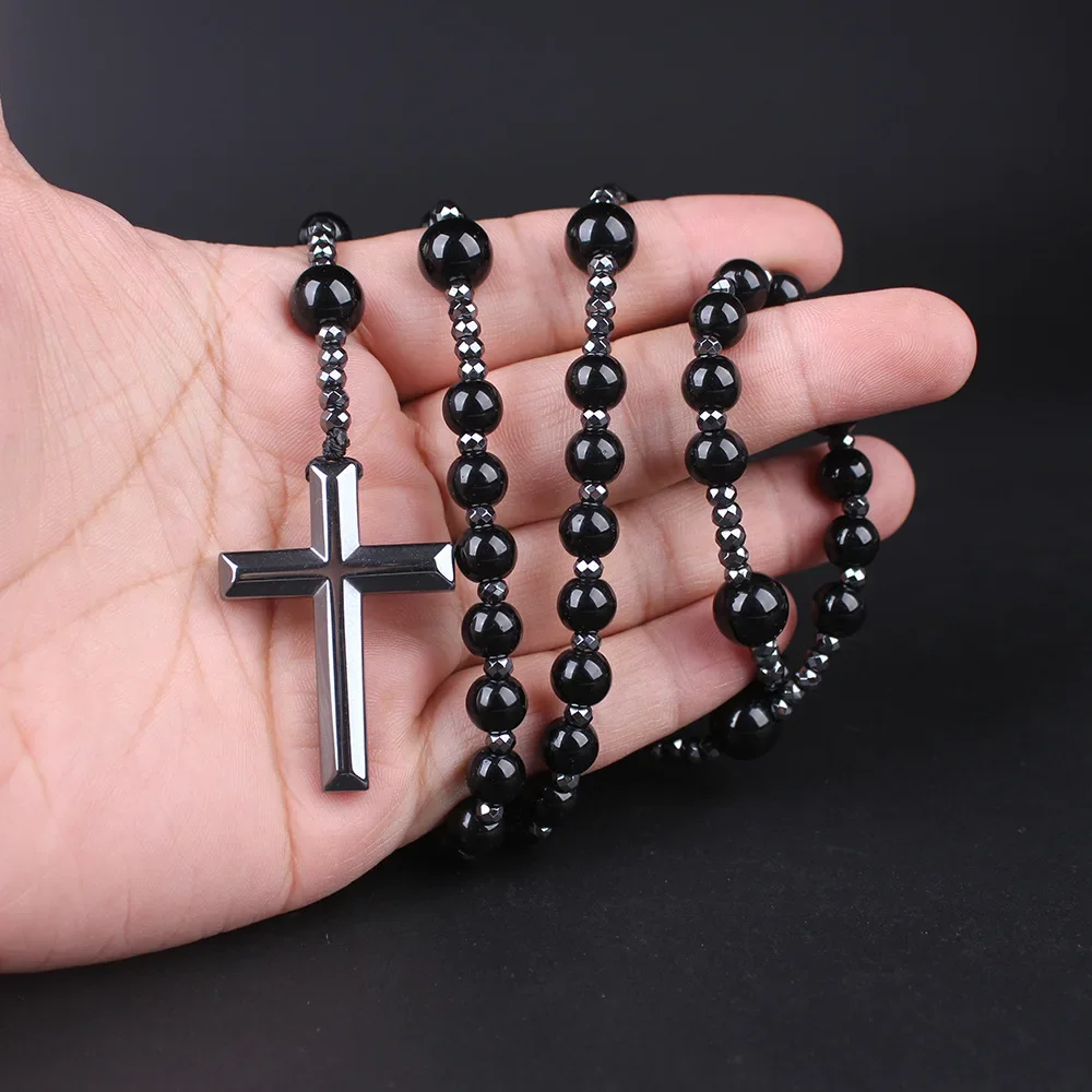 

Religious Black Beads Rosary Necklace For Women Long Tiger Eyes Stone Chain Curcifix Cross Pendant Men Pray Jewelry