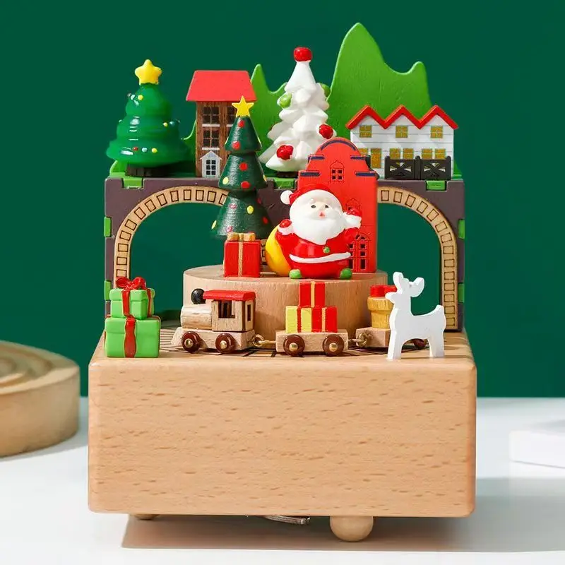 Wooden handmade music box, Sky City music box for small trains, desktop ornaments, birthday and Christmas gifts