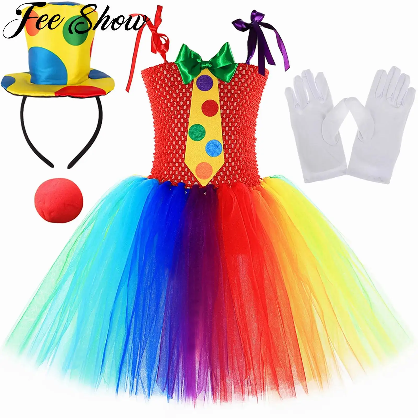 Girls Halloween Circus Clown Cosplay Costume Adjustable Shoulder Straps Bow Tie Tulle Dress Christmas Carnival Party Outfits