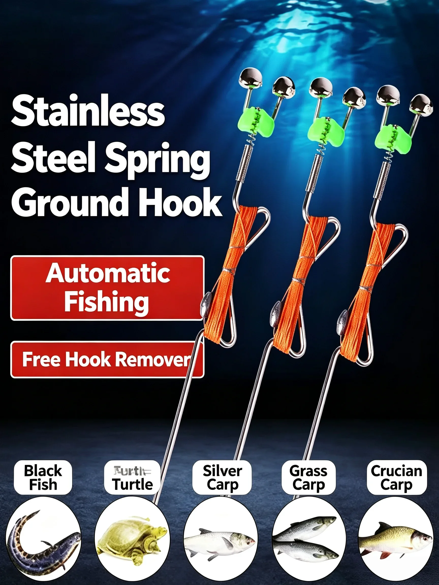 Stainless Steel Automatic Fishing Ground Insert Spring Lazy Fishing Tackle Set, Line Kit for Catfish Silver Carp Bighead Carp Bl