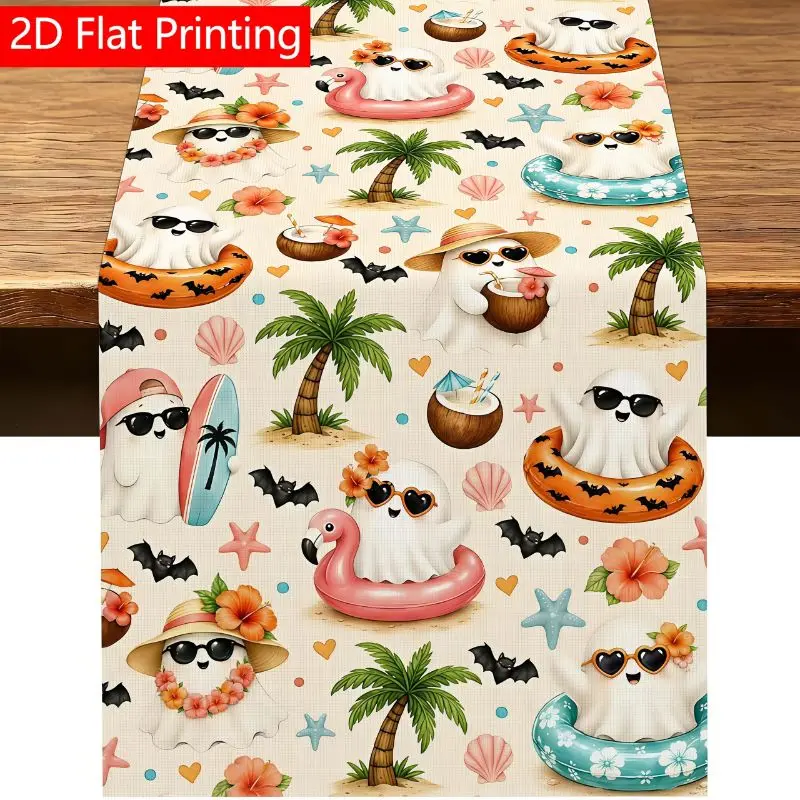 VIKAMA Halloween Table Runner Summer Beach Ghost Palm Tree Flamingo Float for Dining Table Home Holiday Party Decor