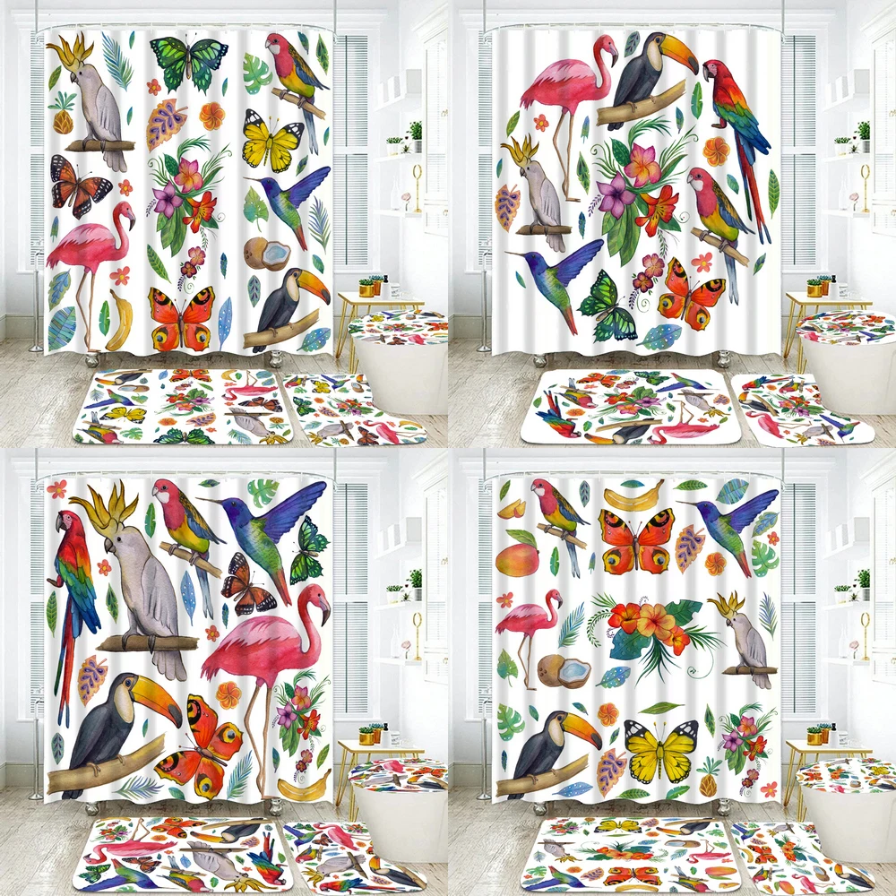 

Beautiful Flowers Birds and Butterflies Shower Curtain Set Printed Fabric Bathroom Curtains Toilet Cover Bath Non-Slip Mat Rug