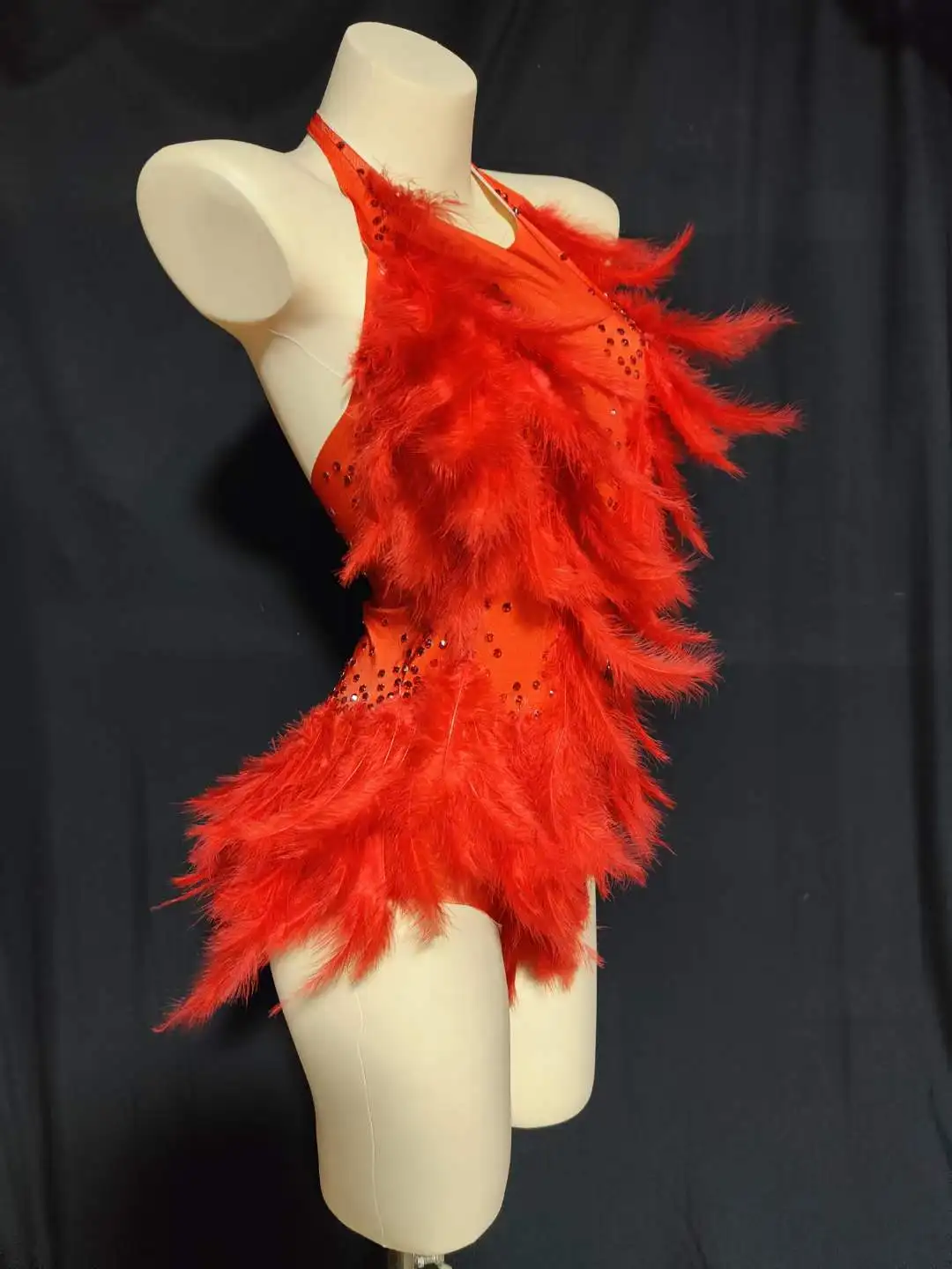 White Rhinestone Bodysuits Women Drag Queen Costumes With Feather Dance Singer Performance Backless Leotard Stunning Stage Wear