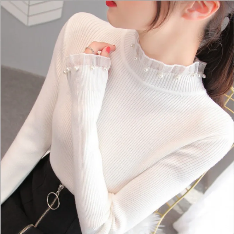 Maglione da donna con collo alto e fondo lavorato a maglia, top con volant, perle, dolce ed elegante, autunno inverno, maglione, pullover da ufficio