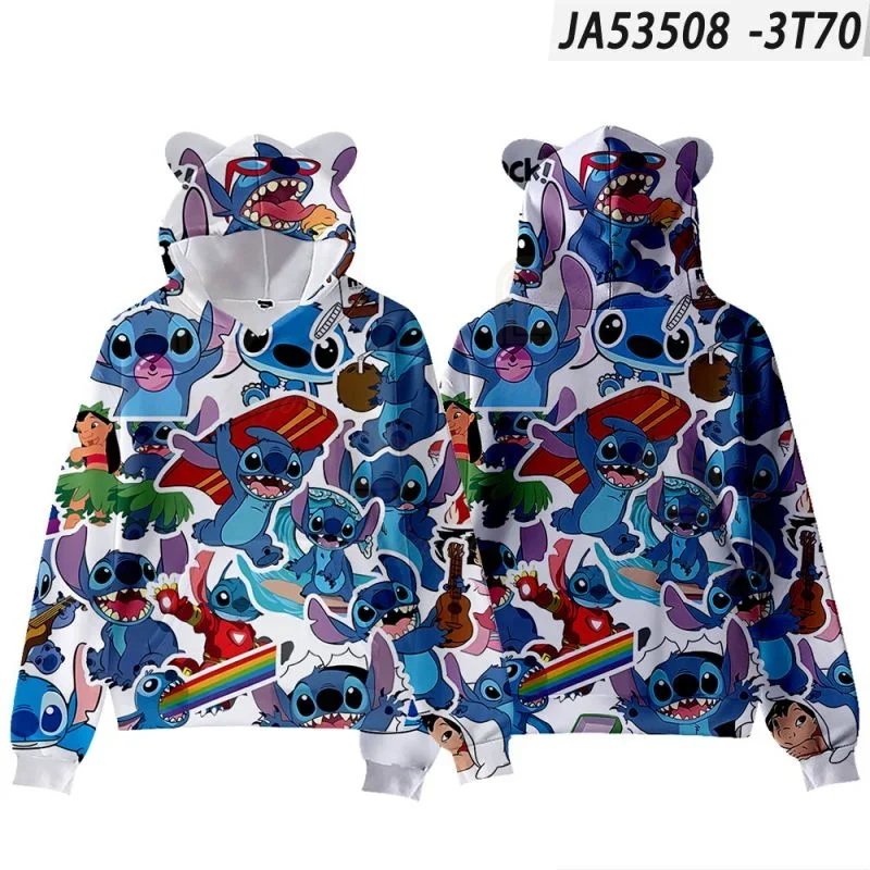 2024 Anime Dis Stitch and Lilo Sweatshirts Cat Ear Long Sleeve Hoodies Boys Girls Women Pullover Cute Tops Hoodie