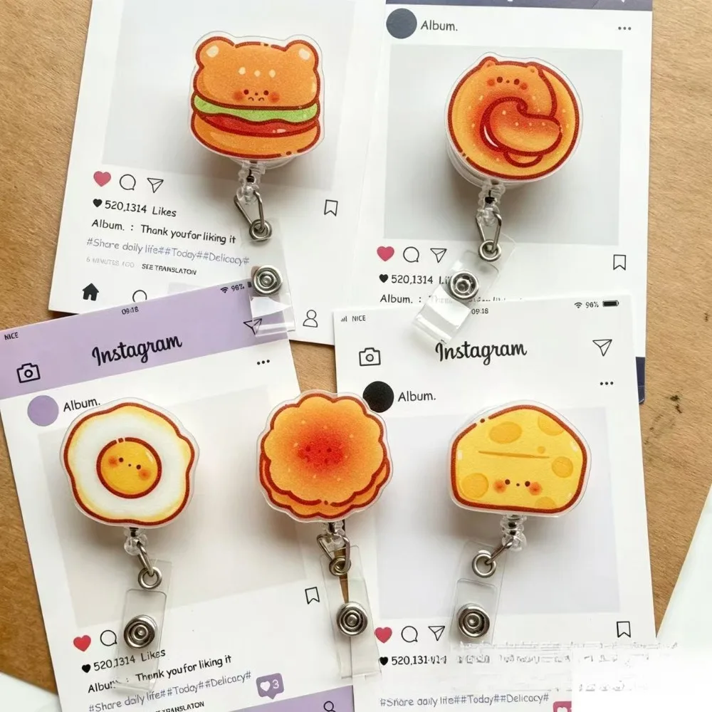 Cartoon Food Bread Hamburger Fried Egg Cheese Acrylic Retractable Badge Reel Keychain Work Staff ID Name Tag Holder Clip Pendant
