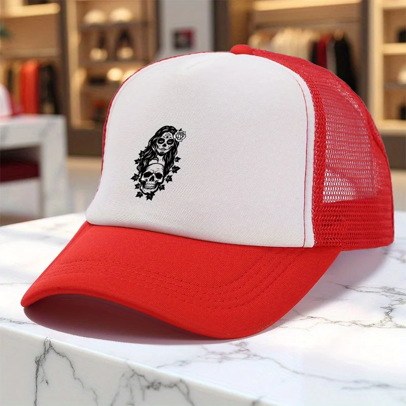 Sugar Skull Day of the Dead Print Trucker Hat Adjustable Mesh Back Baseball Cap Casual Unisex
