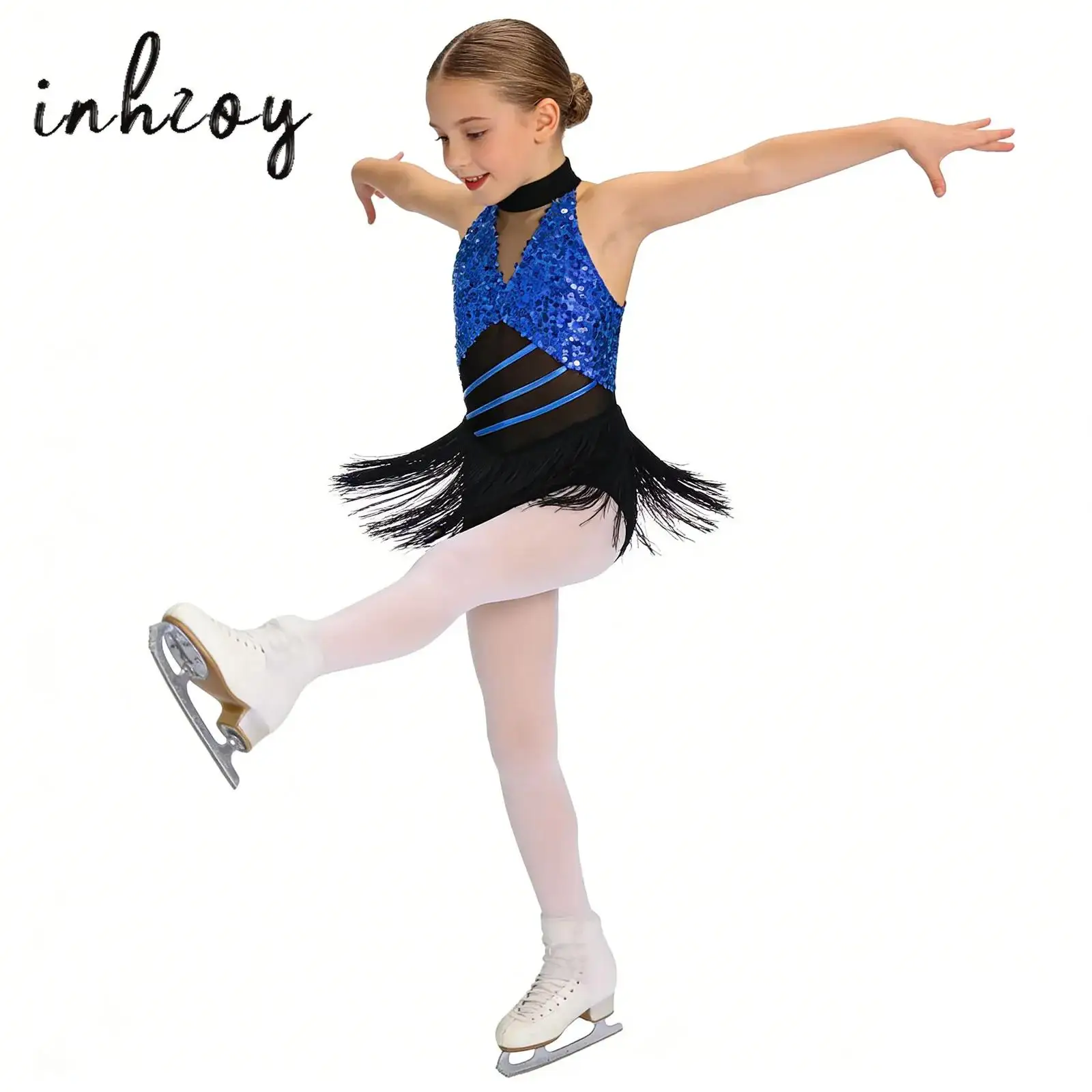 

Girls Modern Dance Dress Performance Costume Shiny Sequins Sleeveless Latin Jazz Tango Salsa Dance Leotard Ballet Bodysuit Dress