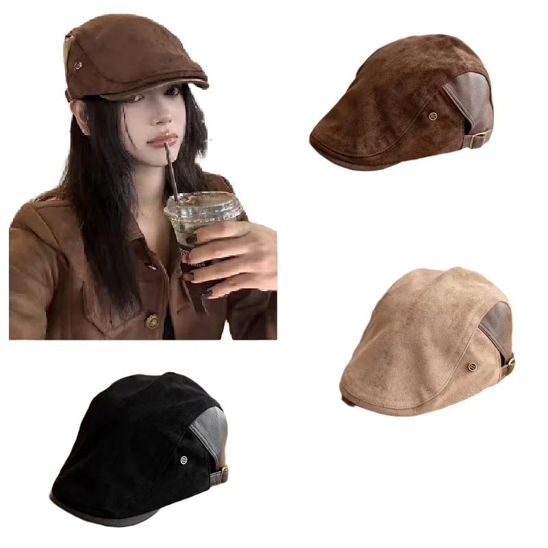 Japanische und koreanische Leder-Baskenmütze mit Wildleder- und Leder-Patchwork, britische Mode, vielseitiger kleiner, gesichtsverstärkender achteckiger Hut