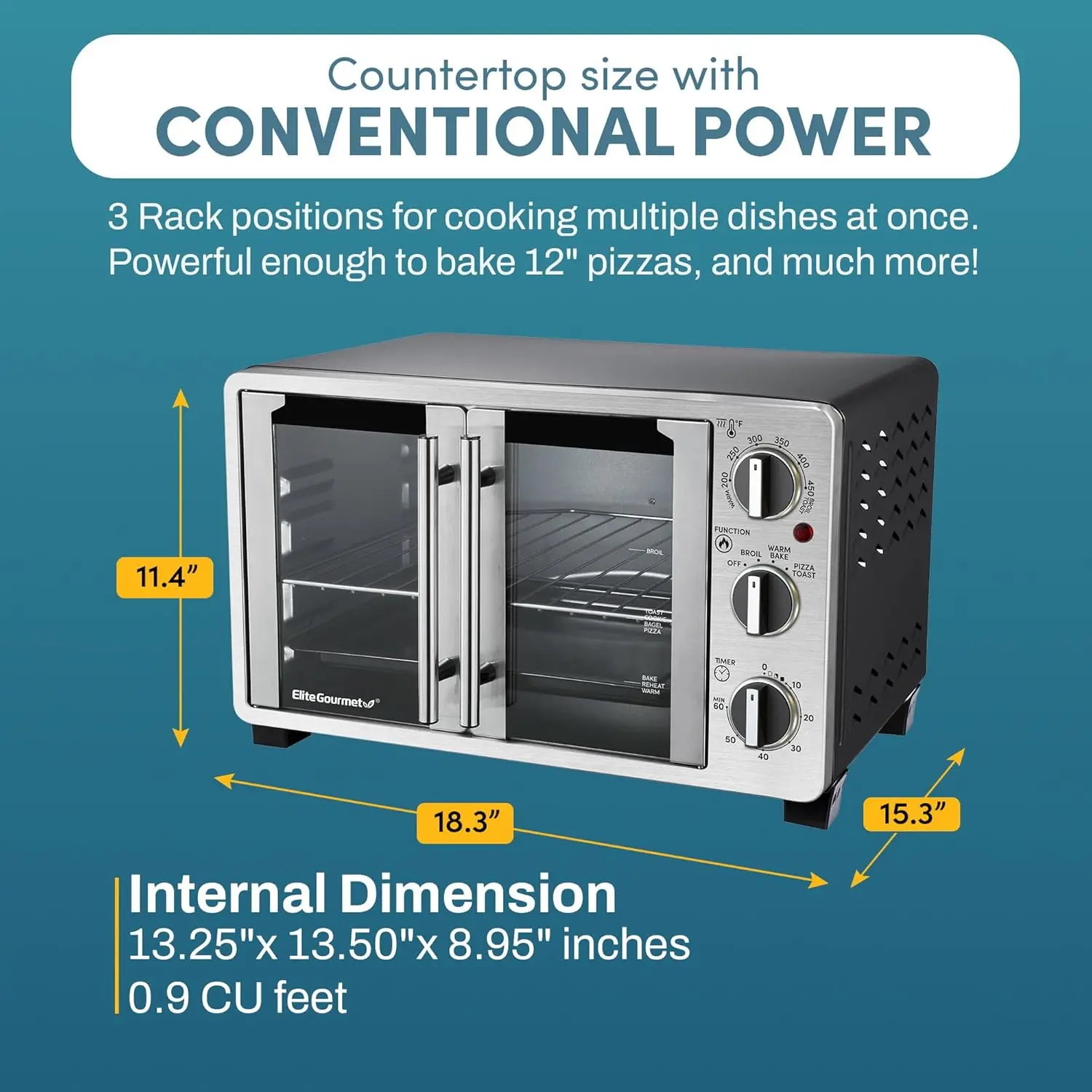 Double French Door Countertop Toaster Oven, Bake, Broil, Toast, Keep Warm, Fits 12" pizza, 25L capacity, Stainless.