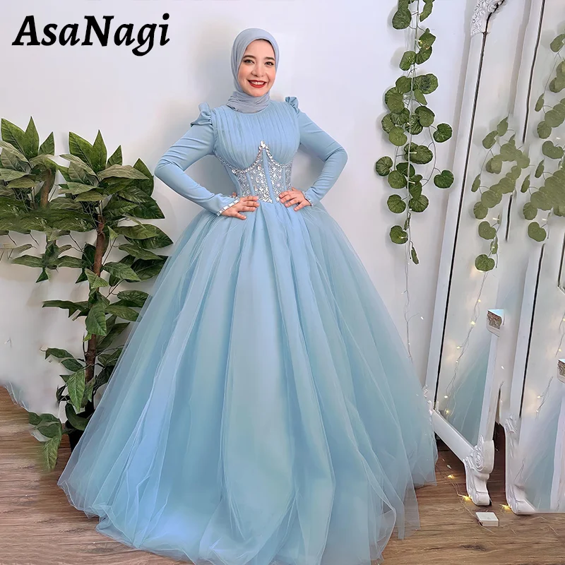 AsaNagi A Line Prom Gowns O Neck Crystal Tulle Party Evening Gown Women's Floor Length Saudi Muslim 2025 Formal Occasion Dress