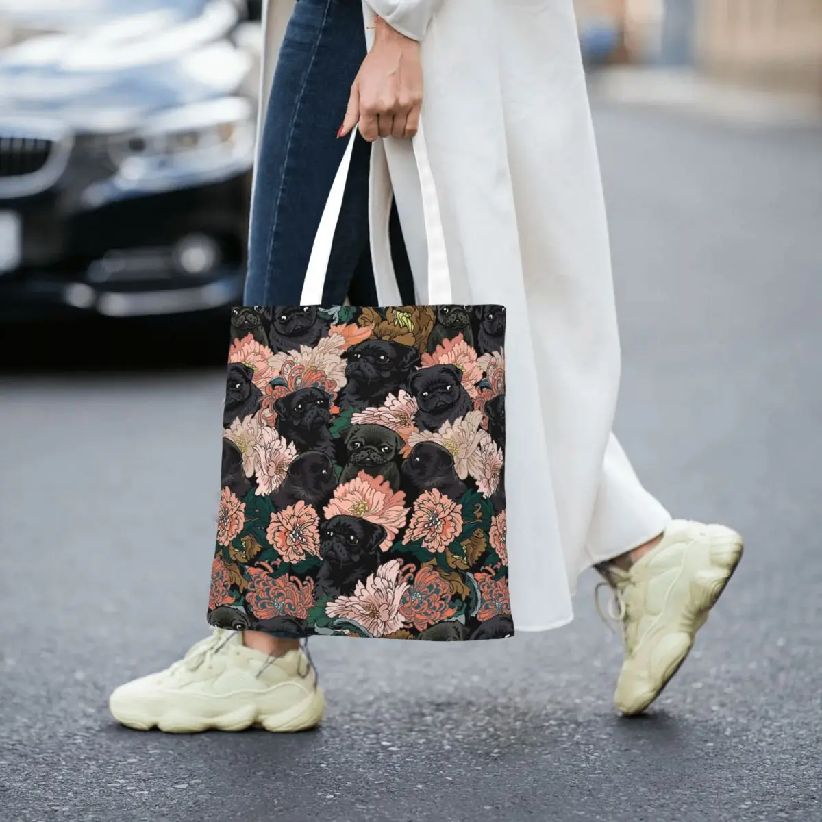 Porque Black Pug Sacos de compras Lona dobrável The Tote Bag Meninas Bolsa de ombro Bolsa de viagem