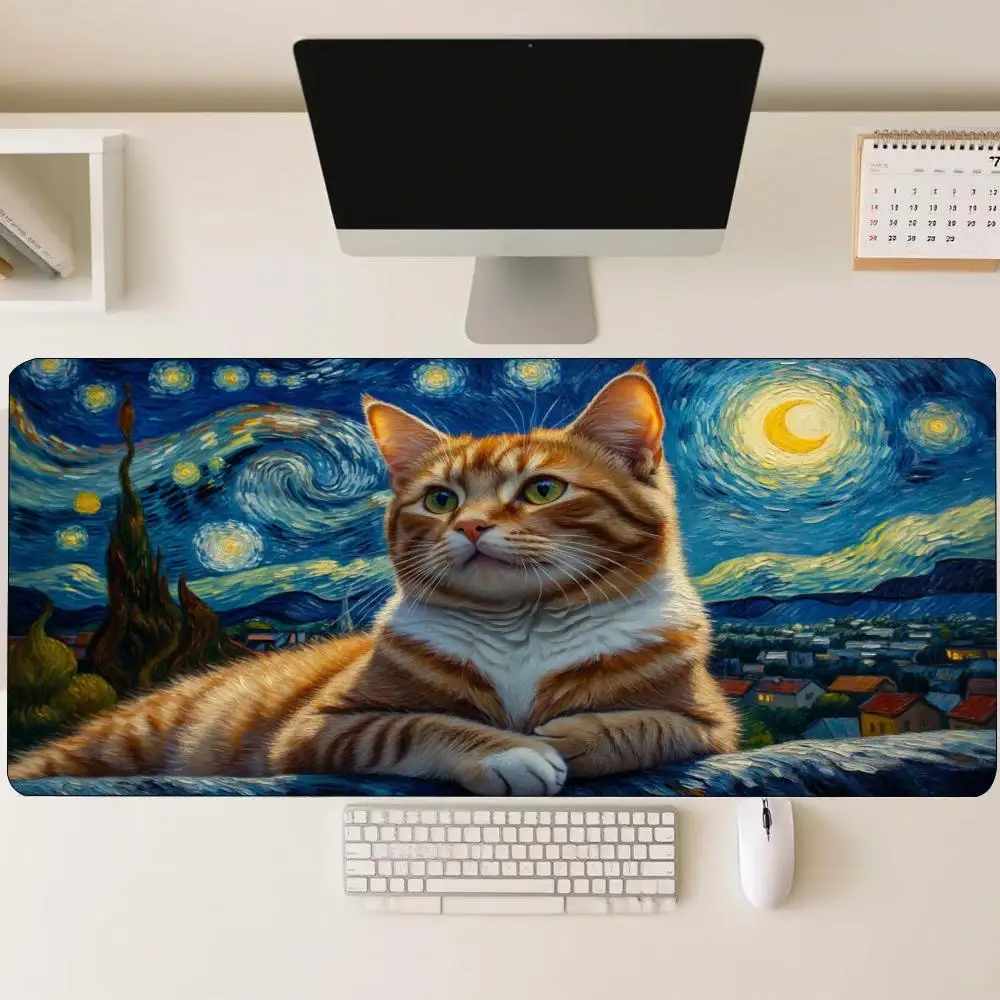 Starry Night Cat Art Large Desk Mat XXL Mouse Pad Premium Non-Slip Rubber Base HD Vivid Print Overlock Edge For Desk Use Pick