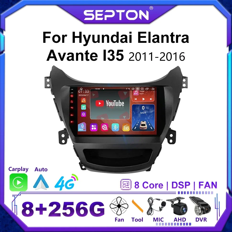 

Автомобильная стереосистема SEPTON 8 + 256G Android 13 для Hyundai Elantra Avante I35 2011-2013 2014 2015 2016, мультимедийный плеер CarPlay GPS