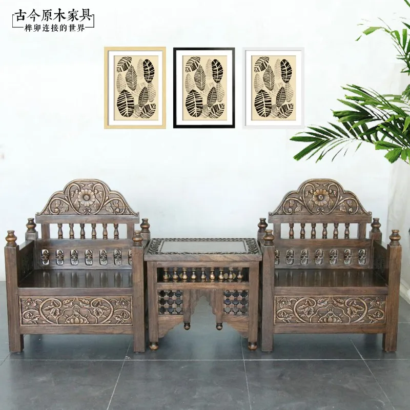 Southeast Asian style solid wood single sofa shoe stool Indian furniture Thai carved elm sofa