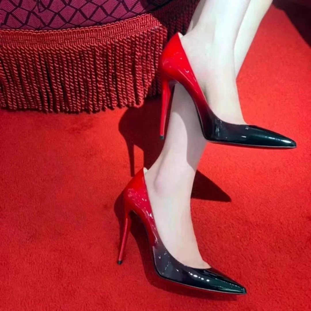 

Лакированная кожа, черные, смешанные, красные, с градиентом, на высоком каблуке, на красной подошве, на шпильке, нишевый дизайн, женские одинарные туфли, модный стиль ретро