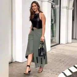 Elegant Dress Sets Women Striped PU Crop Top Straight Irregular Long Skirt Two Piece Set Tank Top Work Summer Sexy Matching Sets