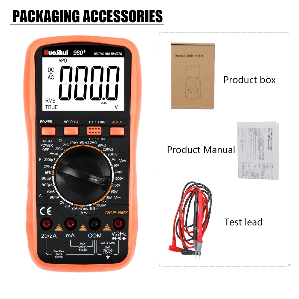 RuoShui 980+ Multimeter 20000 Counts True RMS Digital Capacitance and Resistance Meter AC/DC Voltmeter Current Backlight Tester