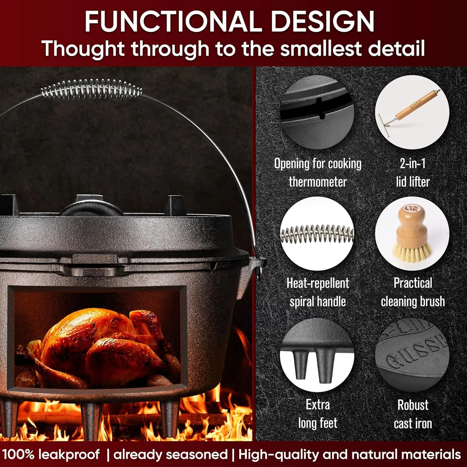 Pre-Seasoned Dutch Oven Set - 9 Quart Cast Iron Dutch Oven Pot with Lid, Fire Pot with Feet for Bread Baking & Cooking - Include