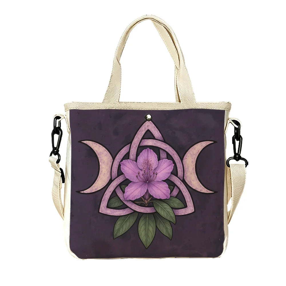 flower in triangle Womens Double-Sided Printed Canvas Tote Detachable Strap Crossbody Handbag for Short Vacations