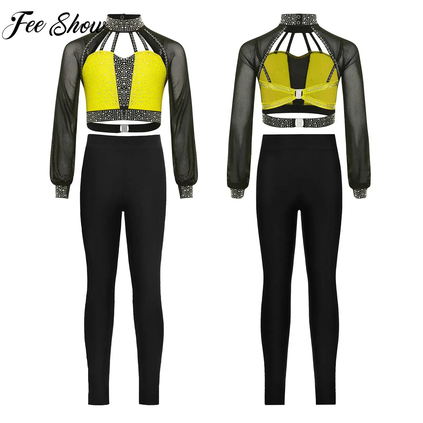 

Kids Ballet Dance Sets for Girls Gymnastics Figure Skating Performance Costume Long Sleeves Rhinestones Crop Top+Leggings Set