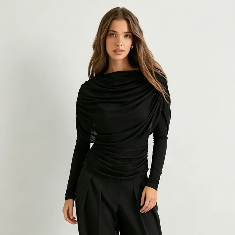 2026 Frühling Sommer Damen Langarm-T-Shirt mit drapiertem Kragen, plissiertem Schal, schmal geschnitten, Stretch-Oberteil, elegant, lässig, Alltagskleidung – Detail 10