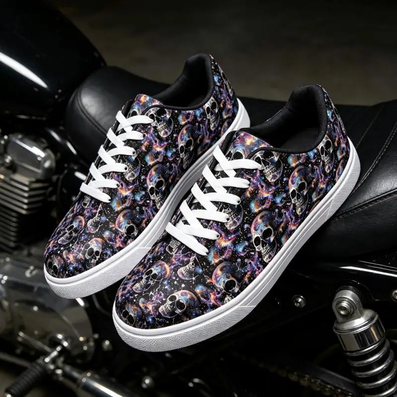 Ladies Men's casual low-top white sneakers，Cosmic Skull Art Design，Stylish and Comfortable，Suitable for Everyday Wear，Trendy fas view 2