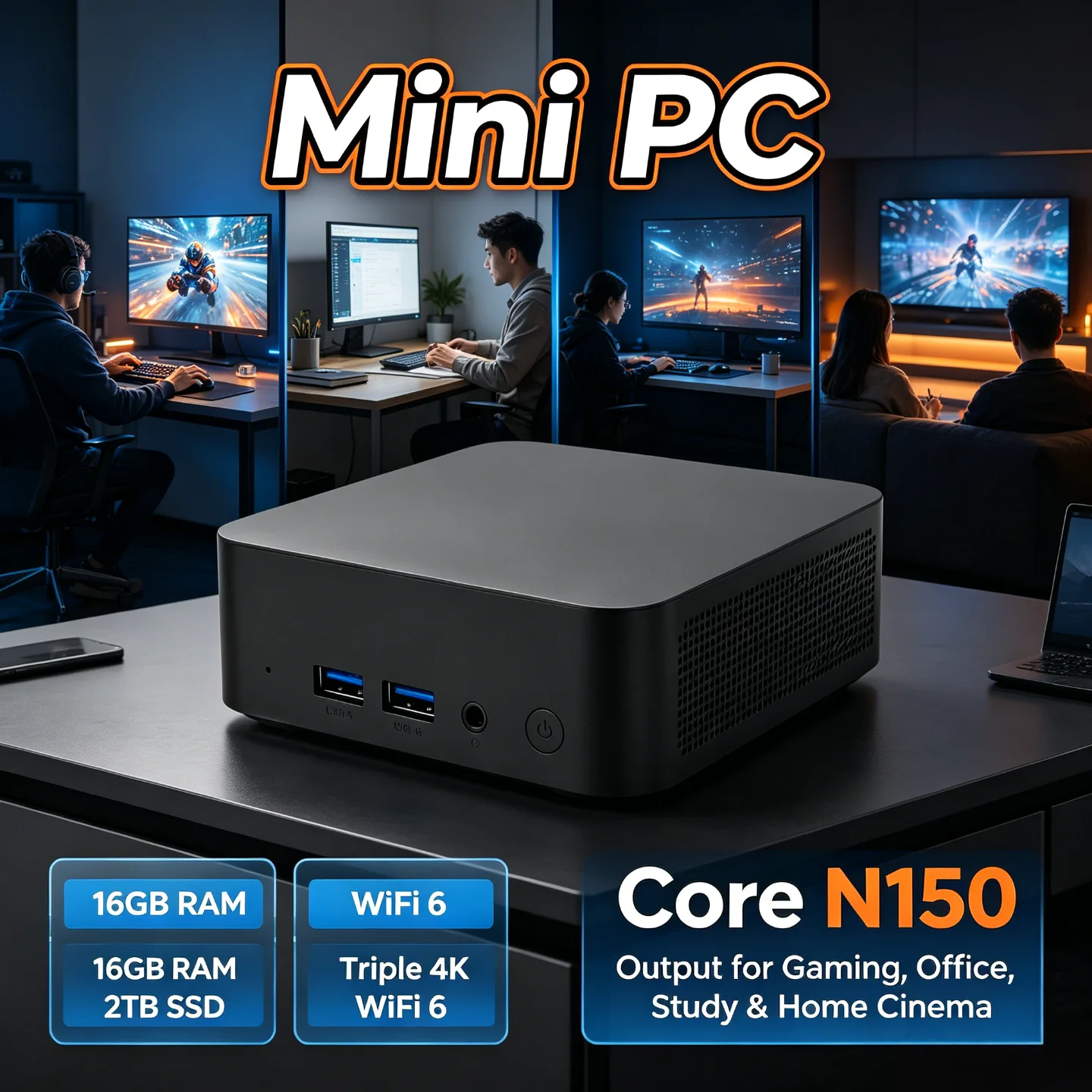 intel-core-n150、wi-fi-6、16gbメモリ搭載。オフィスや学習、ホームシアターに最適なミニpc。1tbまたは2tbのssdを搭載。コンパクトなデスクトップコンピュータ。トリプル4k出力対応。