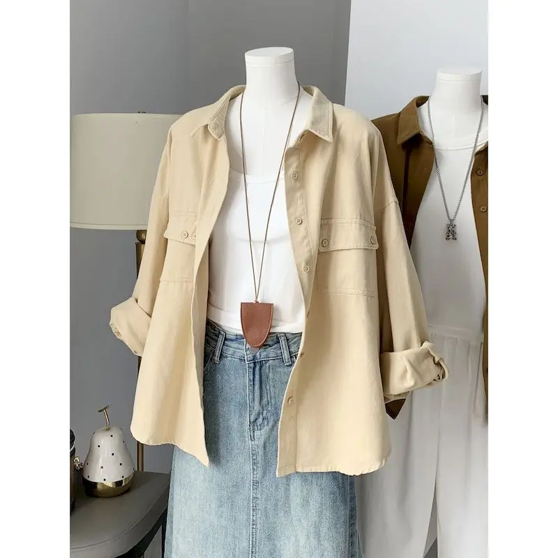 

Shirts Jackets for Women Solid Vintage Korean Style Loose Polo-neck Cardigans Long Sleeve Workwear Coats Harajuku Women Clothing