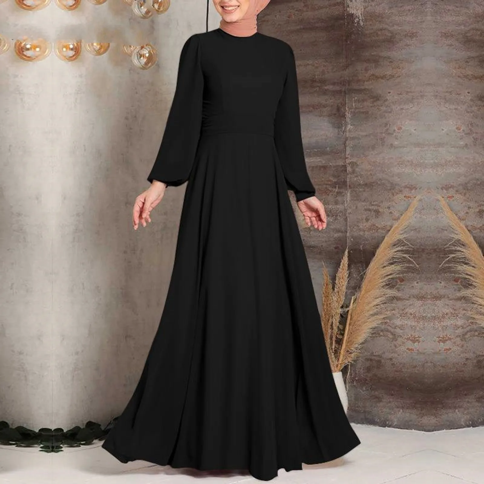 Fashion Djellaba Muslim Dress Dubai Full Length Puff Sleeve Soft Loose Abaya Dubai Turkey Muslim Islam Robe