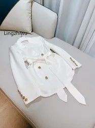 Lingzhiwu francese Vintage British bottoni in metallo bianco acetato raso cintura cappotto donna Casual Blazer capispalla bianco di alta qualità