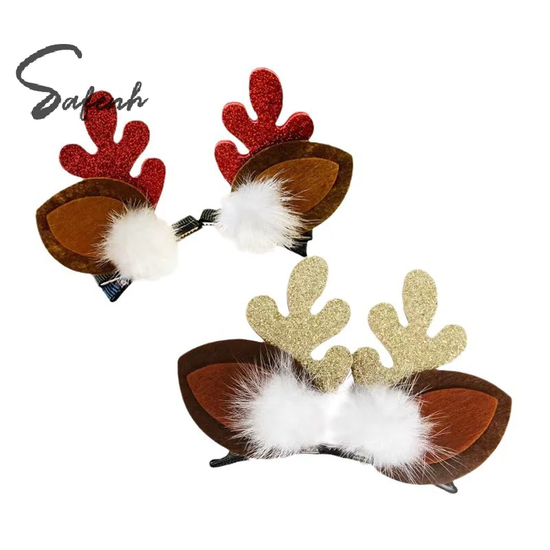 2Pcs Christmas Hair Pin Children Barrettes Bow Deer Santa Claus Kids Christmas New Year Headwear Girls Kids Hair Accessories