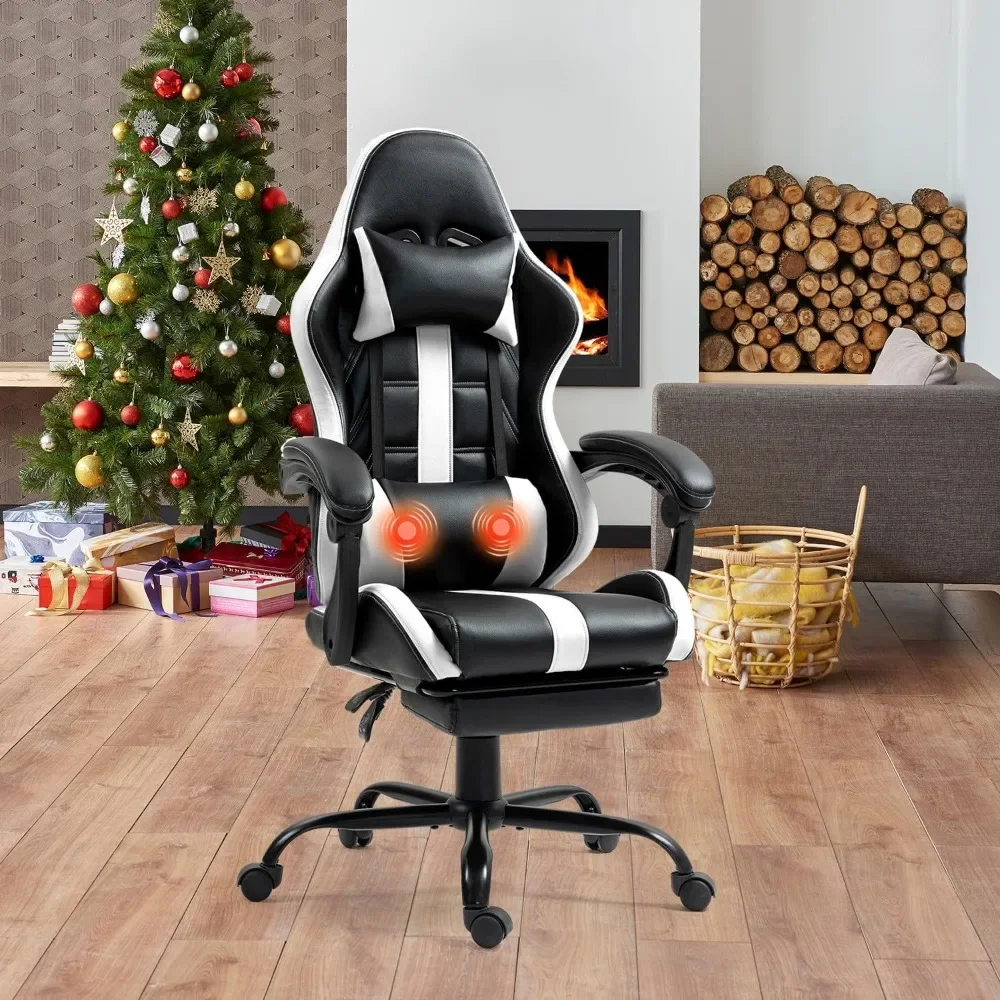 Massage Gaming Chair with Footrest, Ergonomic PU Leather Computer Chair w/Headrest and Lumbar, Height Adjustable