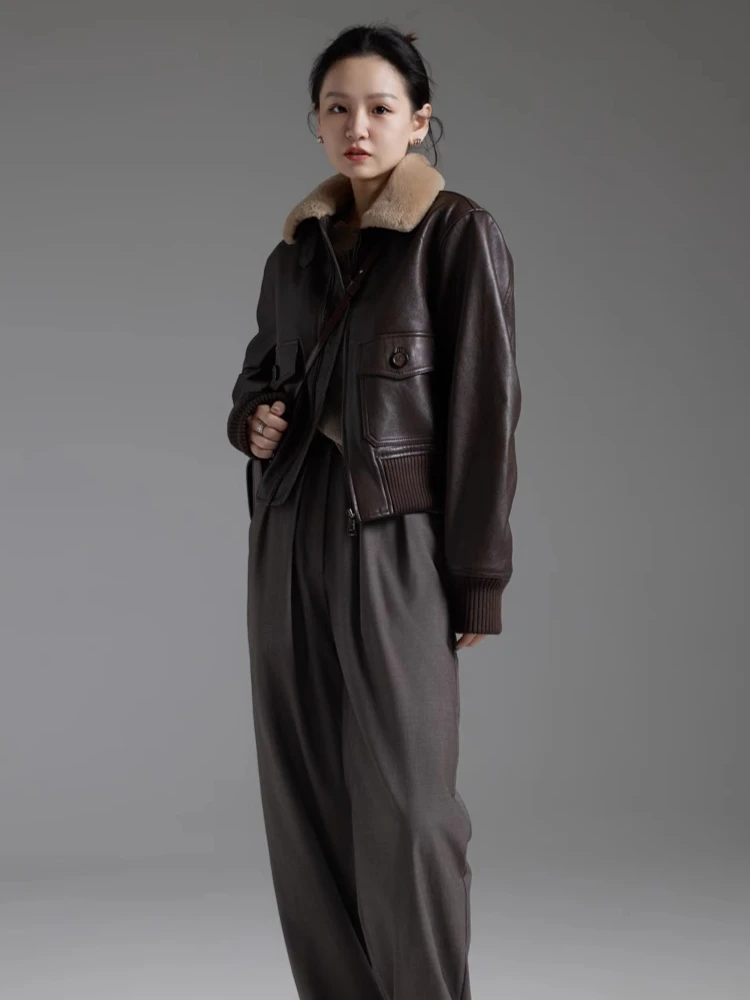 Vintage Kurze Echtes Leder Winter Motorrad Jacken für Frauen High-end Einfache Echt Lamm Pelz Kragen Schaffell Stepp Mantel