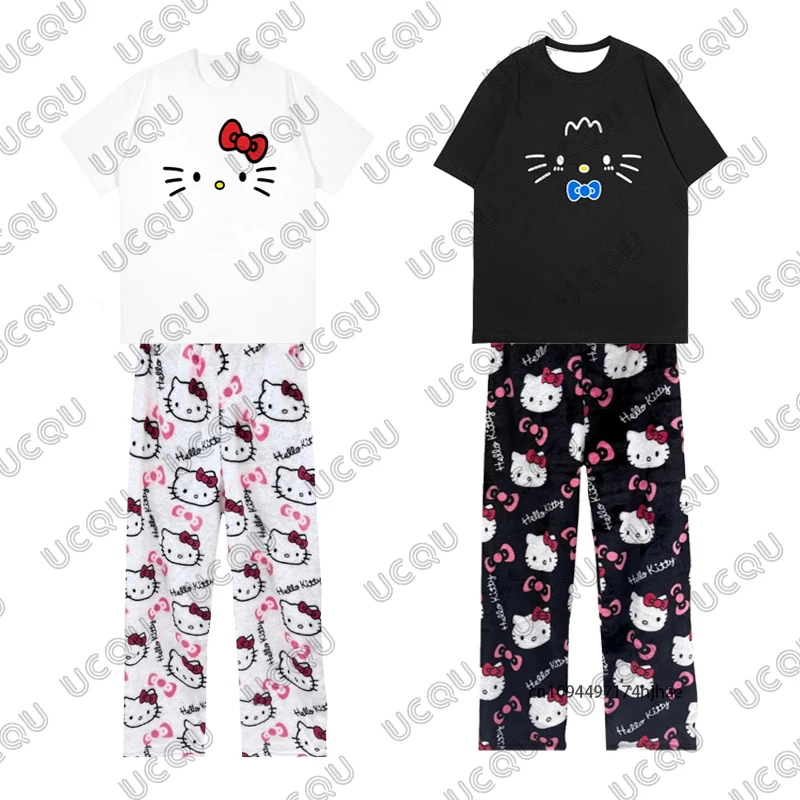 

Hello Kitty Print Men's Trousers Tracksuit Autumn T-shirt+Pajamas Pants Sets Couple Casual Suit Fashion Clothes 2 Piece Outfits
