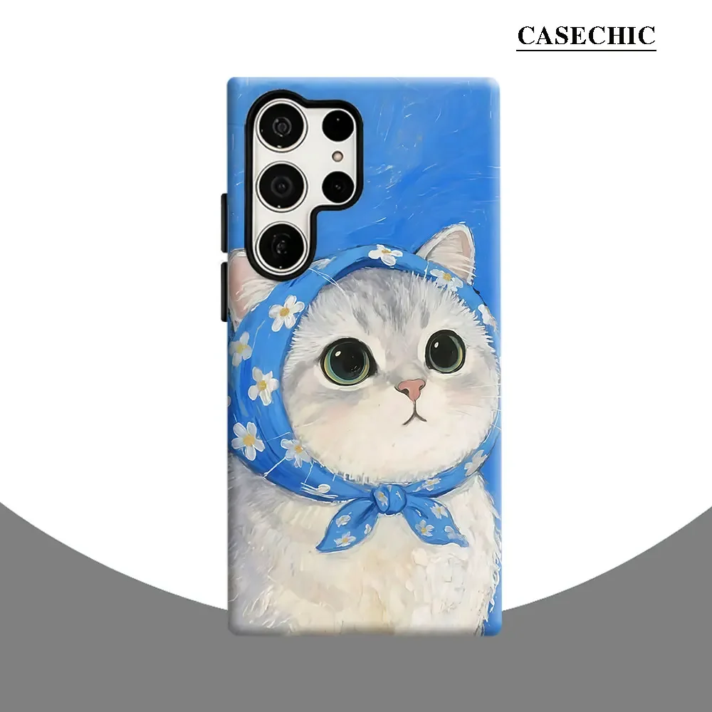 Daisy Scarf Kitty Phone Case for Samsung Galaxy S26 S25 Ultra S24 S23 Ultra Plus Shockproof Double layer tough Back Cover