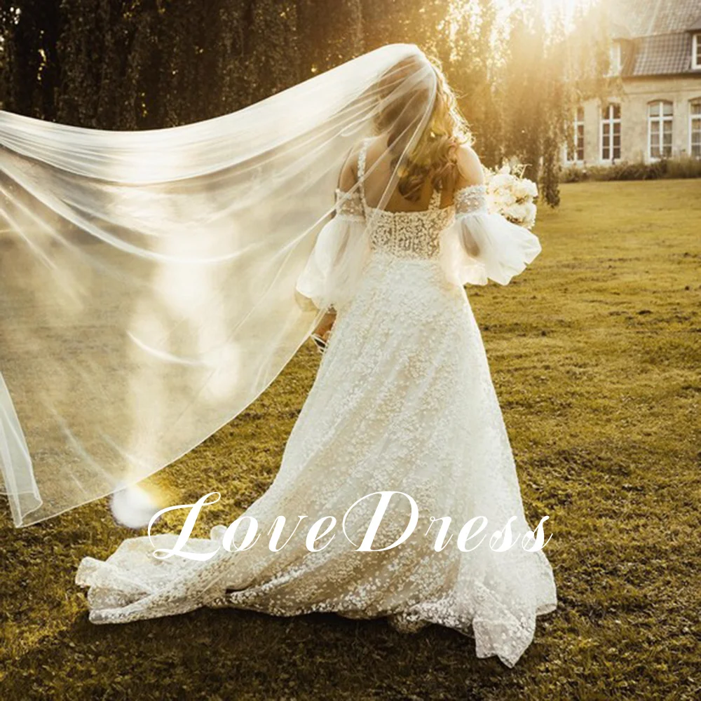 LoveDress Deep V-Neck Wedding Dress Detachable Sleeves Lace Appliques Boho Bride Gown Backless Button Sweep Train Robe de mariée