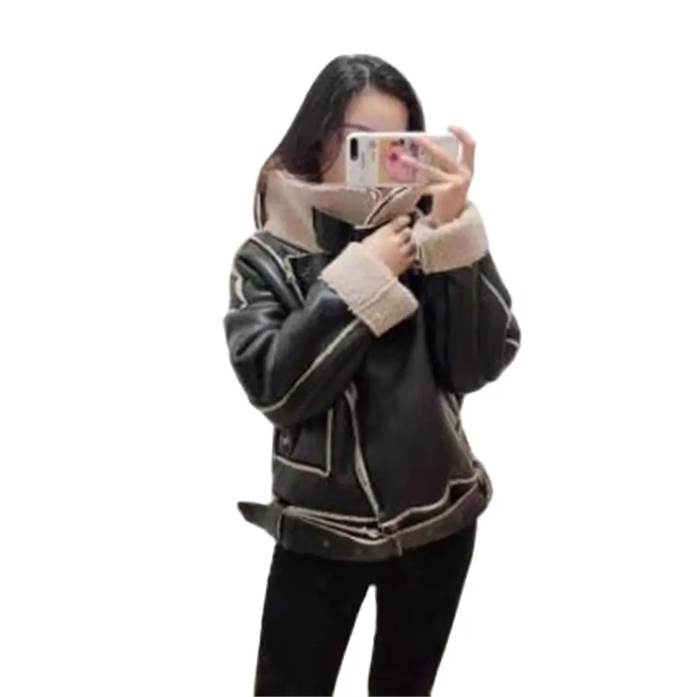 

Women Faux Lamb Leather Jacket with Belt Female Streetwear Moto Biker Black Pu Leather Short Coat Outwear Autumn Winter Tops