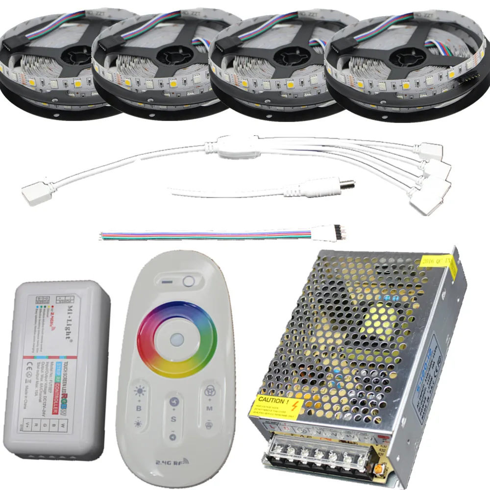 

RGB RGBW RGBWW led strip 20m 15m 10m 5m Ribbon 12V Waterproof IP67 IP65 IP20 5050+2.4G RF Remote Controller + Power adapter Kit