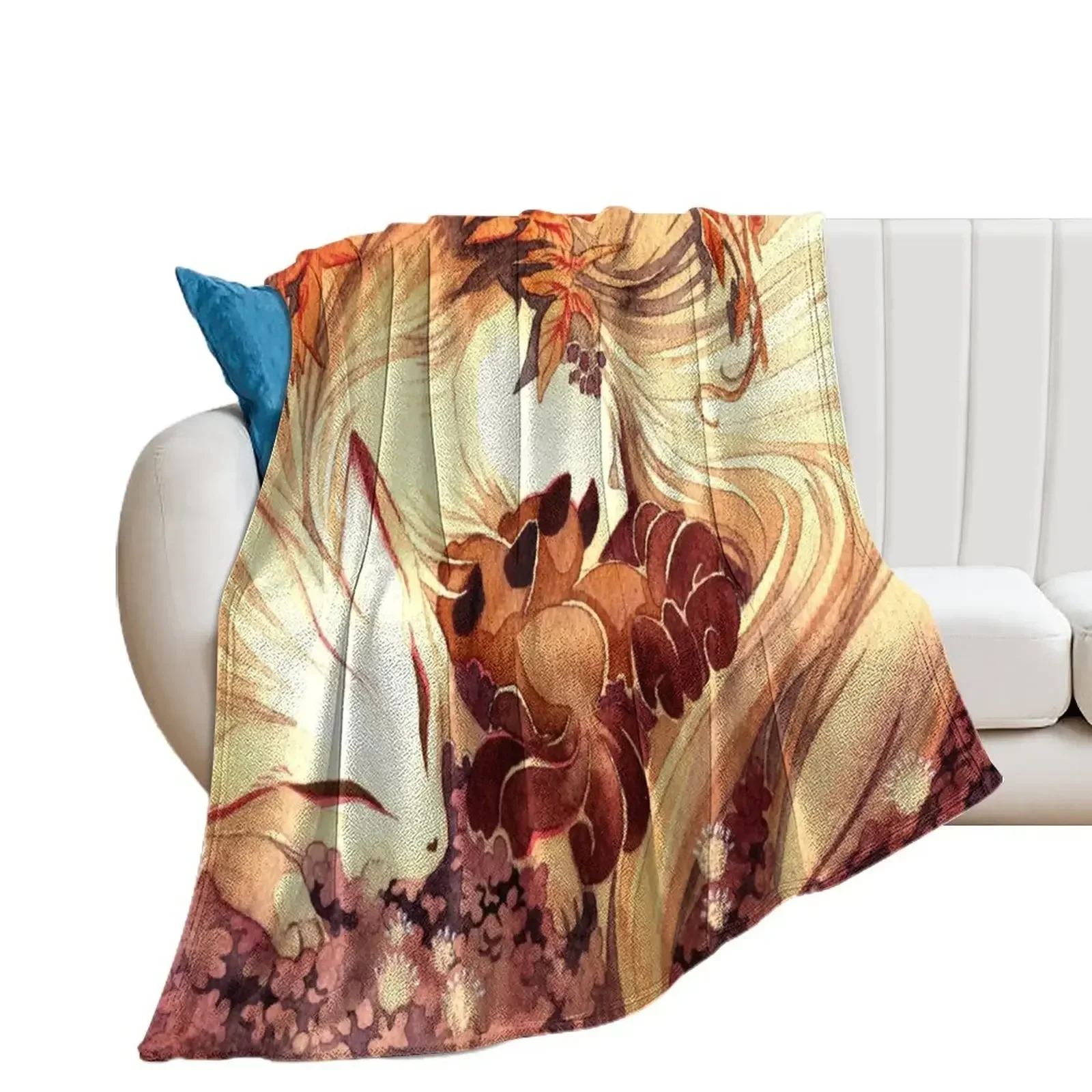 Ninetailed Kitsune Fox with Kits Throw Blanket Cute Plaid Stuffeds Blankets