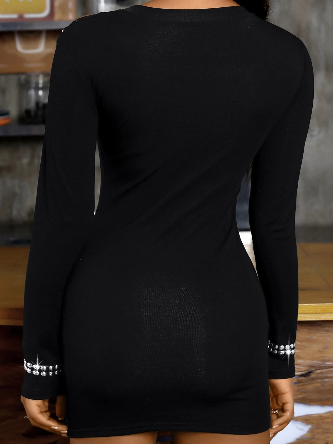 Women's Elegant Long Sleeve Crew Neck Diamond Cut-Out Slim Dress Autumn Fashion Plain Dress