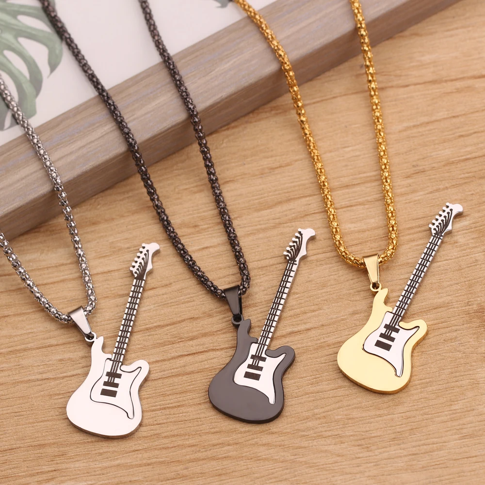 Hip Hop Punk Style Stainless Steel Guitar Necklace Street Classic Trendy Pendant Personality Accessory for Men