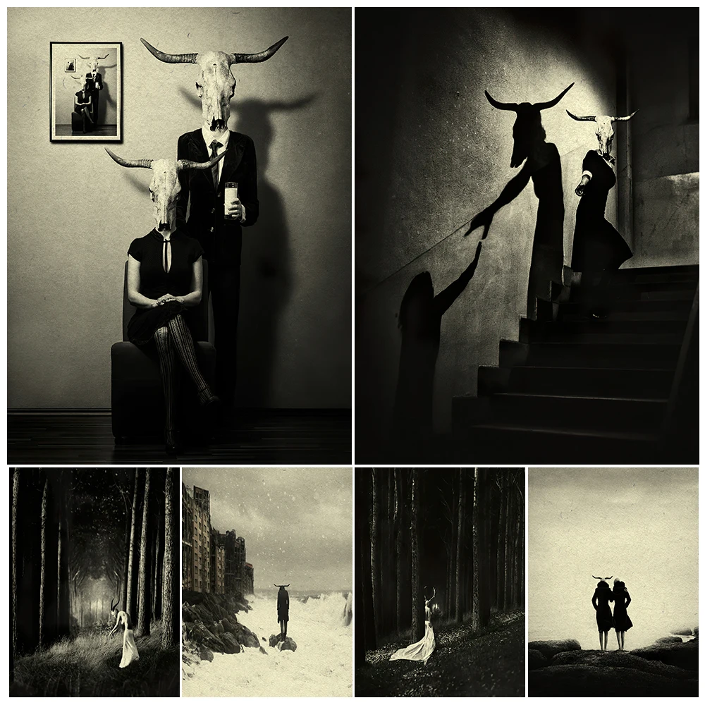 Cow Skull Couple And The Devil In The Basement Vintage Wall Art Canvas Painting The Demons Of The Forest Art Poster Print Decor