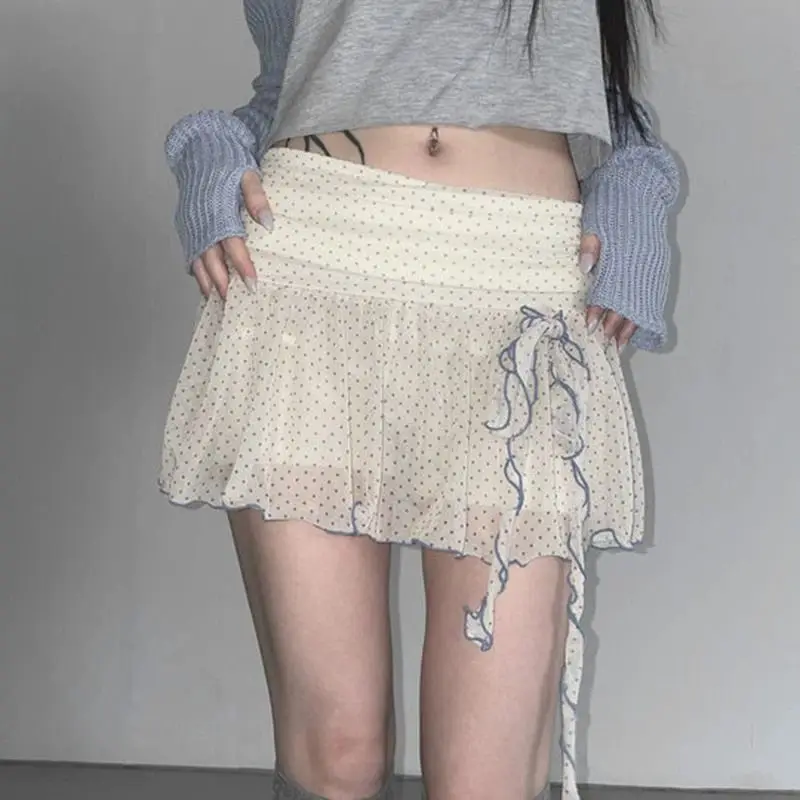 

Cute Pleated Skirt Girl Wind Dot Mesh Tulle Foliage Thin A-line Skirt Retro Sweet Streamer Design Versatile Summer Mini Skirt