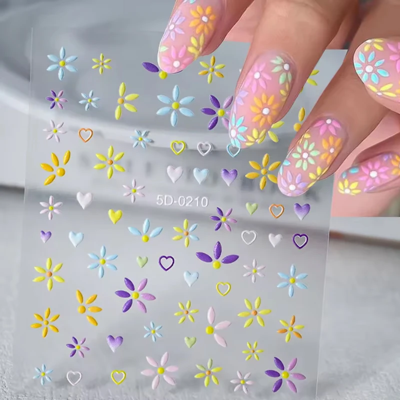 Naklejki na paznokcie 5D z motywem kwiatowym, 1 arkusz, kolorowe naklejki na paznokcie z motywem kwiatowym, 8*10 cm, samoprzylepne, luksusowe naklejki do zdobienia paznokci z motywem stokrotki.