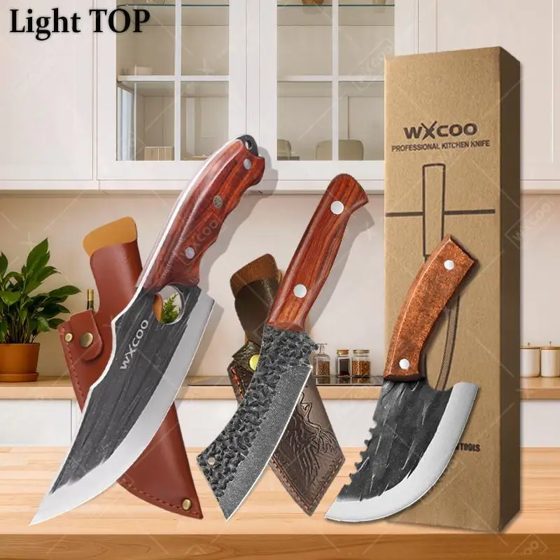 WXCOO Stainless Steel Kitchen Knife Multifunctional Butcher Knife with Wooden Handle Sharp Edge Hand Forged Butcher Knife