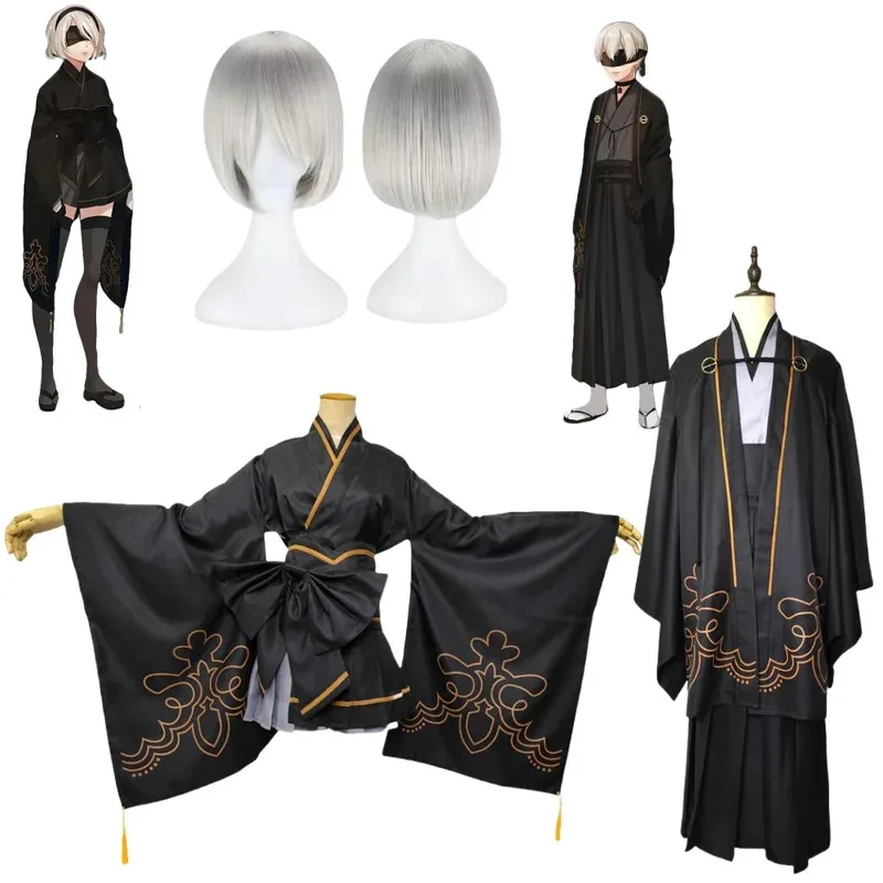 

Аниме без костюмов, комплекты 9S Yorha 2B, костюмы для косплея, женский наряд, парик, большие размеры, необычные вечерние черные кимоно goi/6