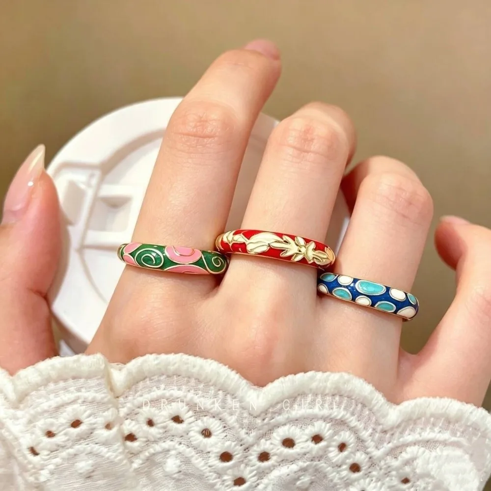 Fashion Chinese Style Drip Oil Ring Vintage Colorful Enamel Statement Ring Ethnic Adjustable Floral Pattern Ring Valentine's Day
