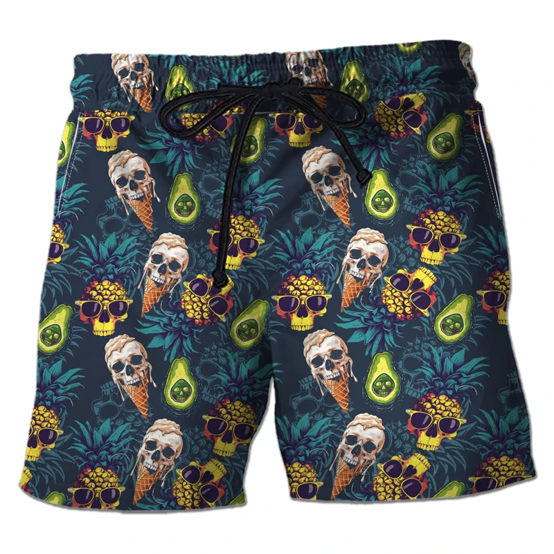 Harajuku Skull Graphic Beach Shorts Hawaiian Male Boardshorts Goth Skeleton Flower Bermudas Hip Hop Short Pants For Men Trousers